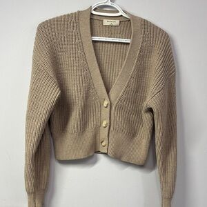 Babaton Beige Cropped V-Neck Button Cardigan Sweater